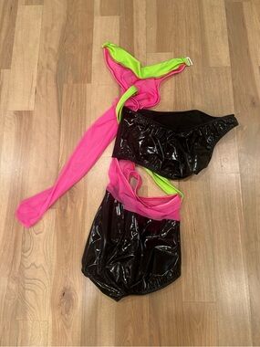Line Up Brand Women’s Black Vinyl Costume with Neon Pink & Lime Mesh Accents